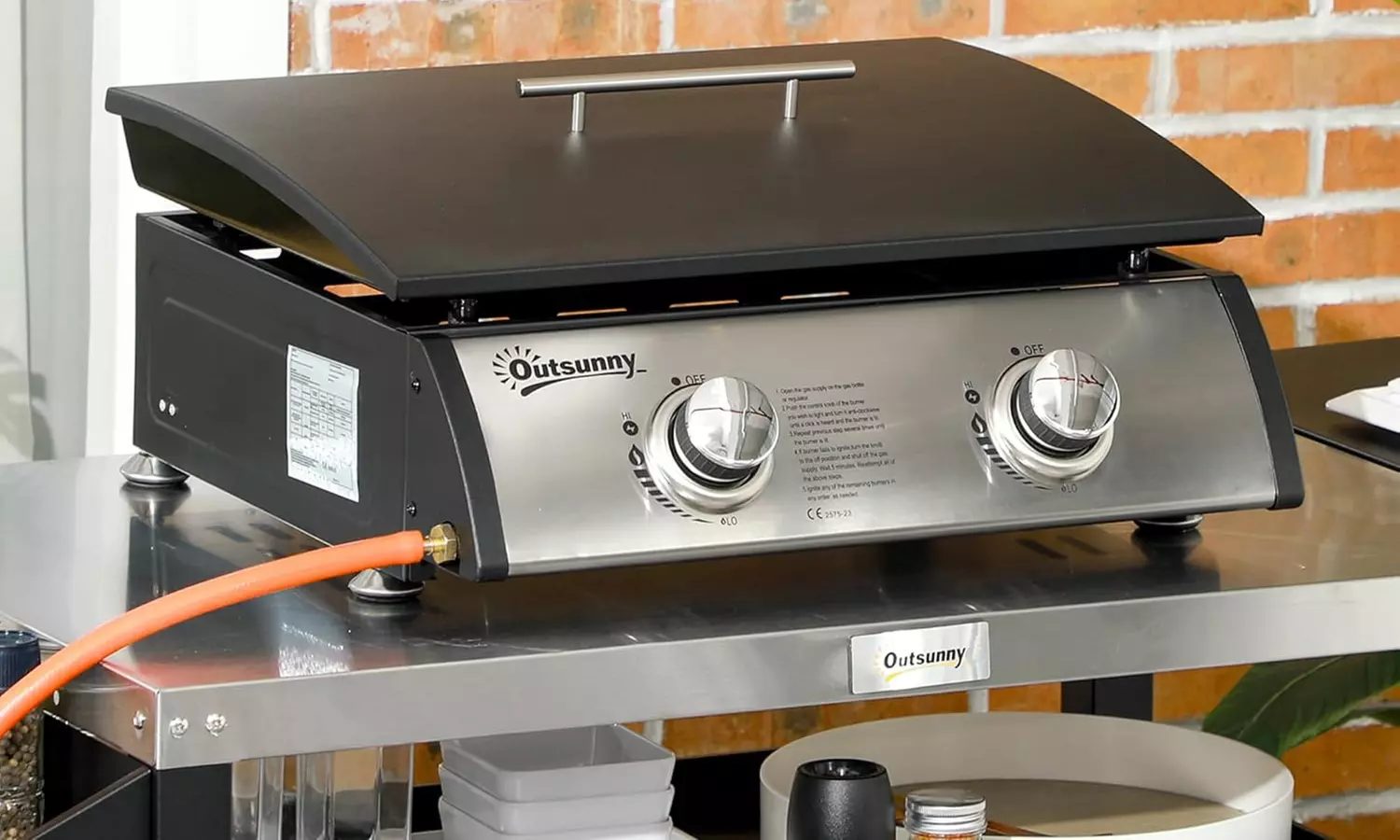 Outsunny Tabletop Gas Plancha Grill with Two Stainless Steel Burner