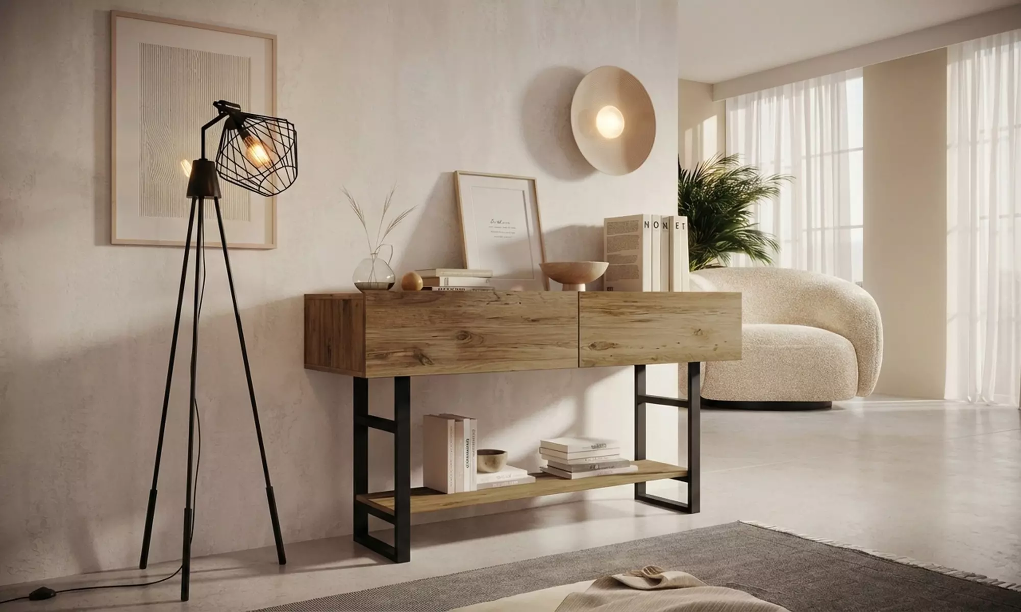 Flurmöbel in Kieferfarbe mit Stahlgestell