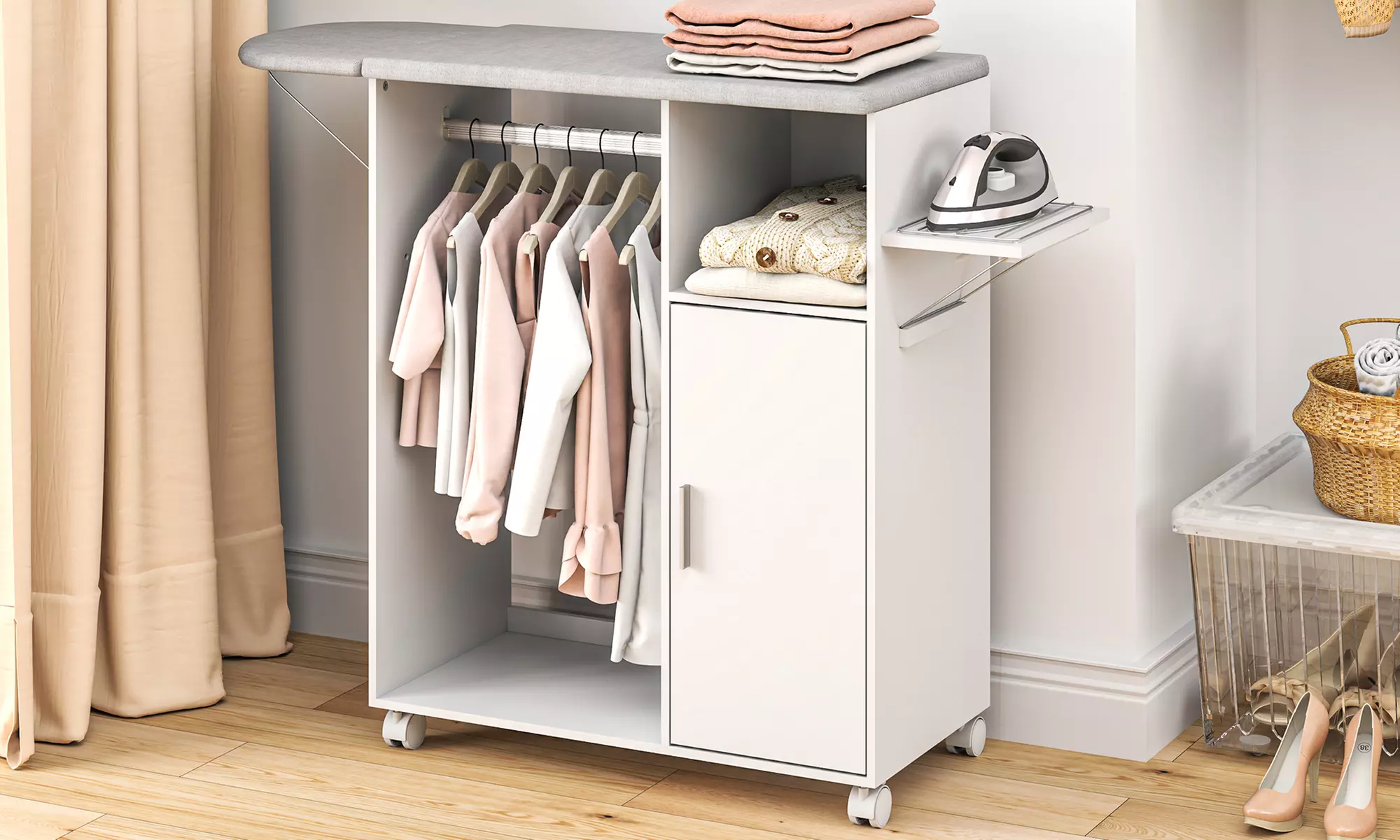 HomCom Rolling Ironing Board Cabinet, Space-Saving and Mobile Design