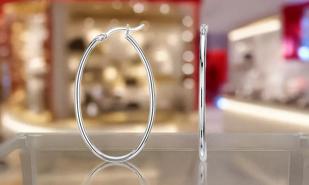 Sterling Silver 40mm Oval Shape French Lock Hoop Earrings