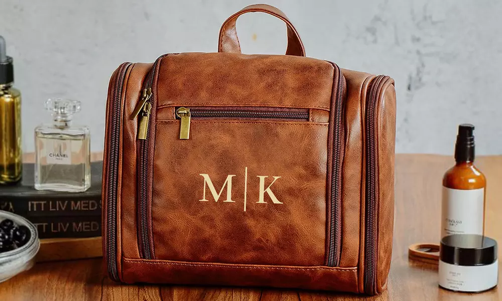 Travel in style with personalized vegan-friendly leather toiletry bag