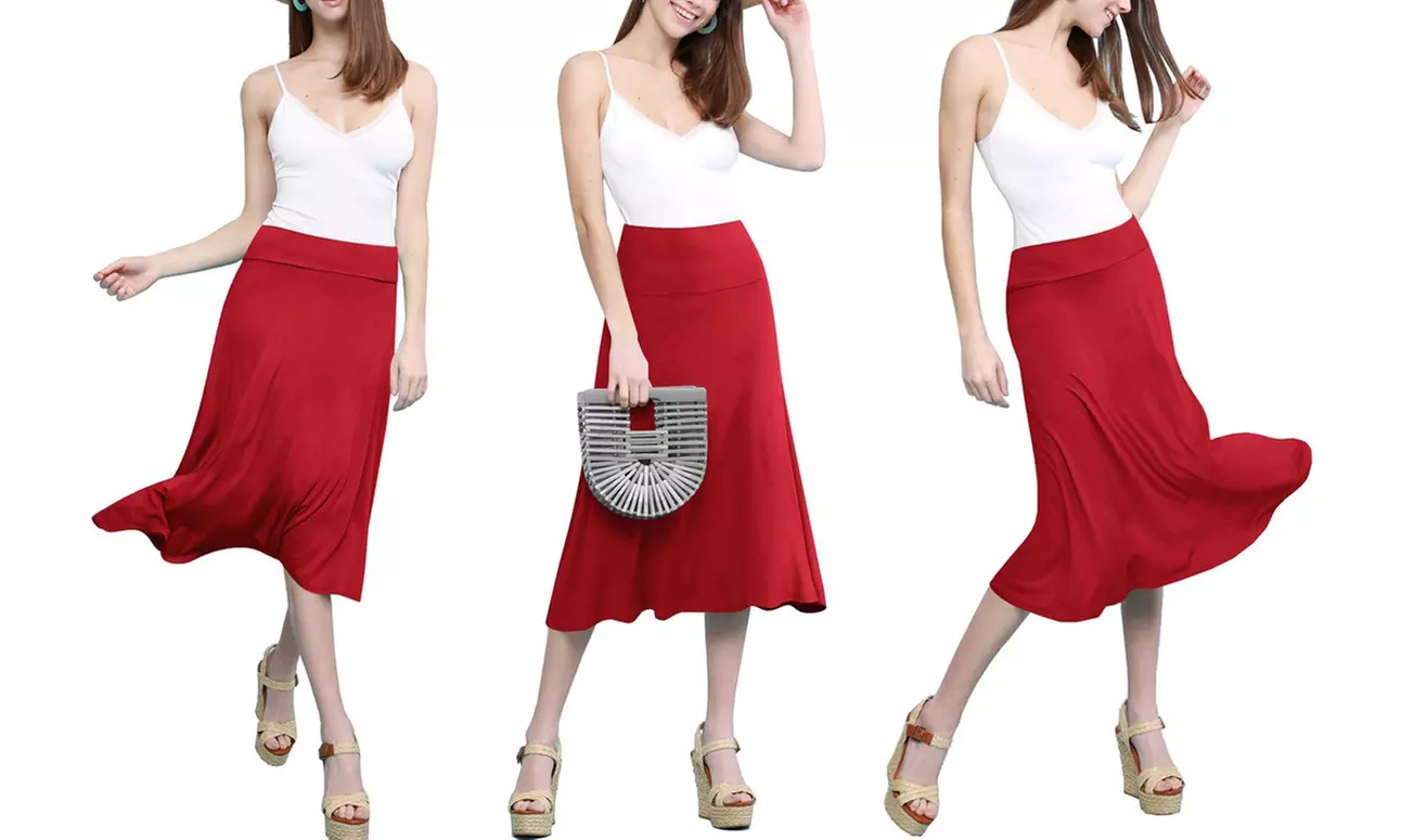 Women's Solid Lightweight Flare Midi Pull On Skirt