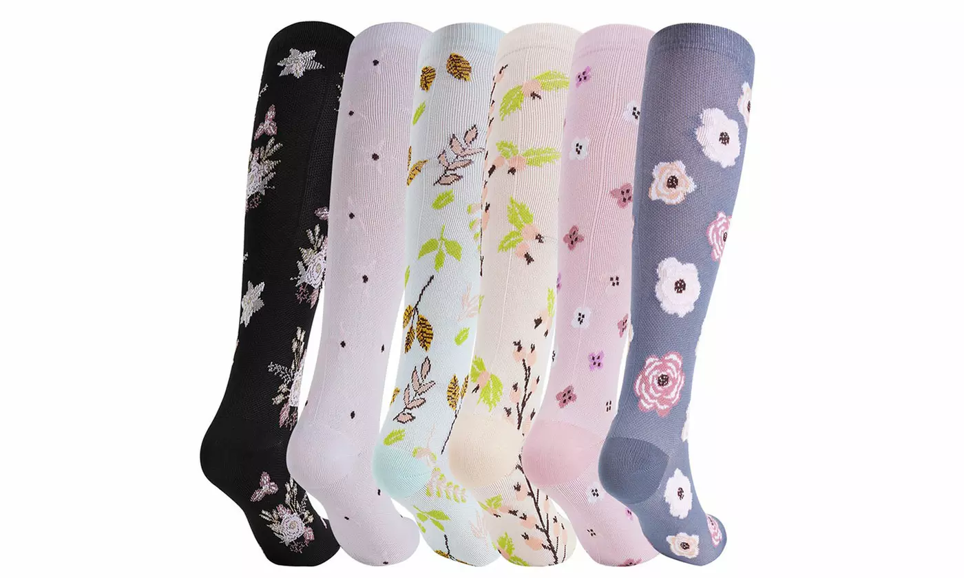 6 Pairs Knee-High Graduated Compression Socks 15-20 mmHg for Nurses Running