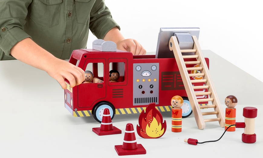 Image 7: SOKA Wooden Fire Engine Truck with Firefighter Figurines