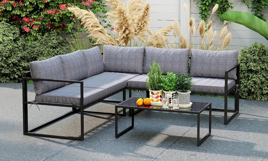 Image 1: Outsunny 3 Piece L Shaped Garden Furniture Set with Cushions