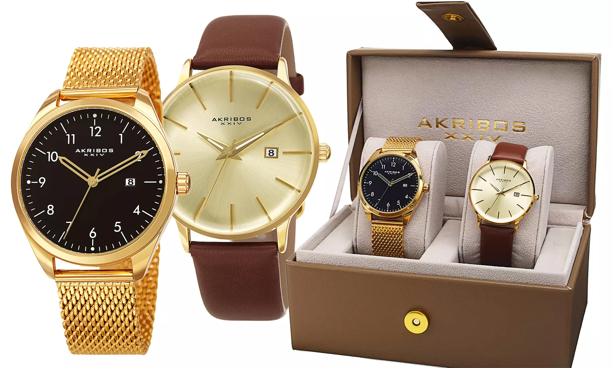 Akribos XXIV (2-Pc) Men’s Steel Mesh And Leather Watch Gift Set - Primary Image