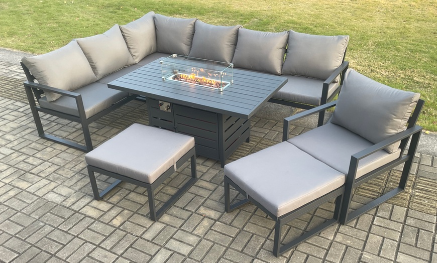 Image 1: Aluminium Patio Furniture Corner Sofa Set Gas Fire Pit Dining Table