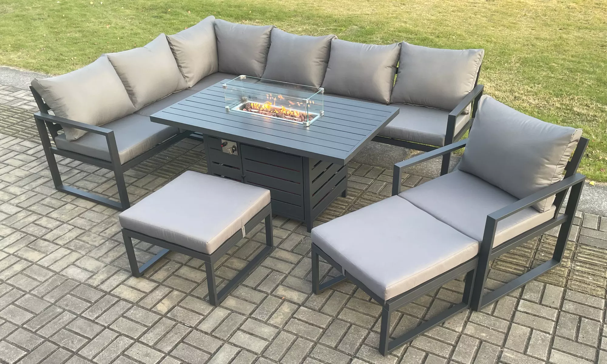 Aluminium Patio Outdoor Garden Furniture Corner Sofa Set Gas Fire Pit Dining Table - Primary Image