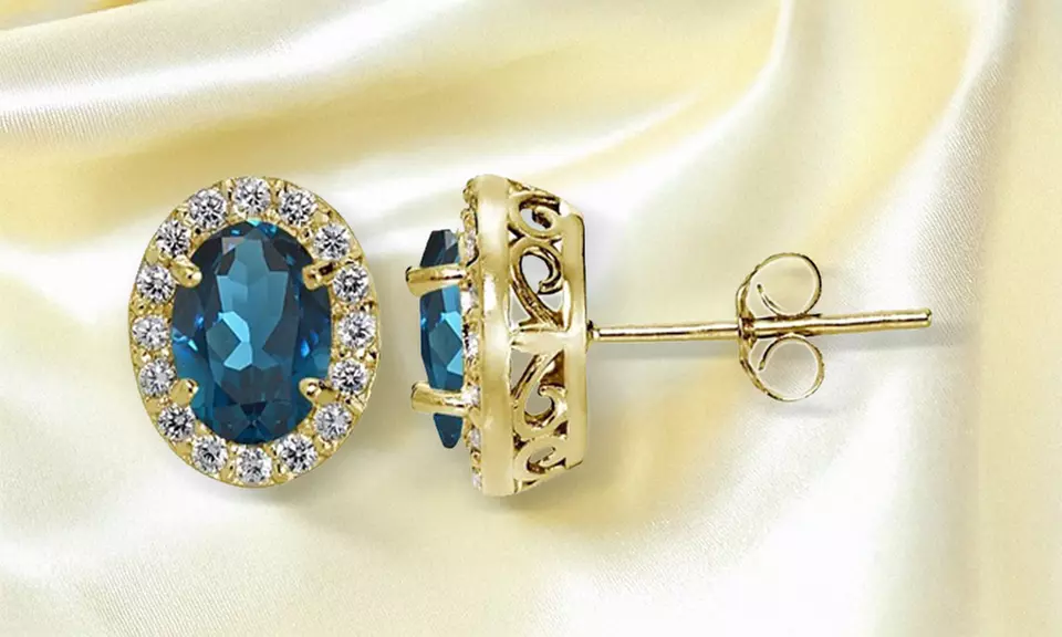 London Blue & White Topaz Oval Halo Stud Earrings in Yellow Flash 925 Silver