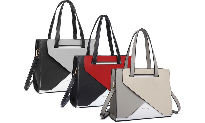 Image 1: Women PU Leather Classy Contrast Panel Shoulder Bag