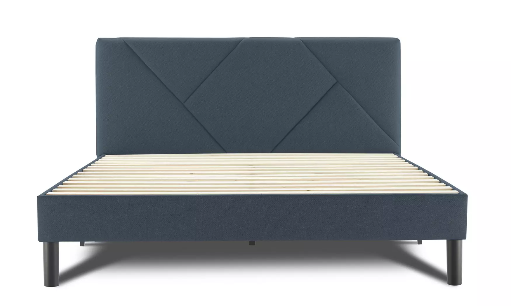 Letto imbottito in tessuto con doghe in legno e vano contenitore