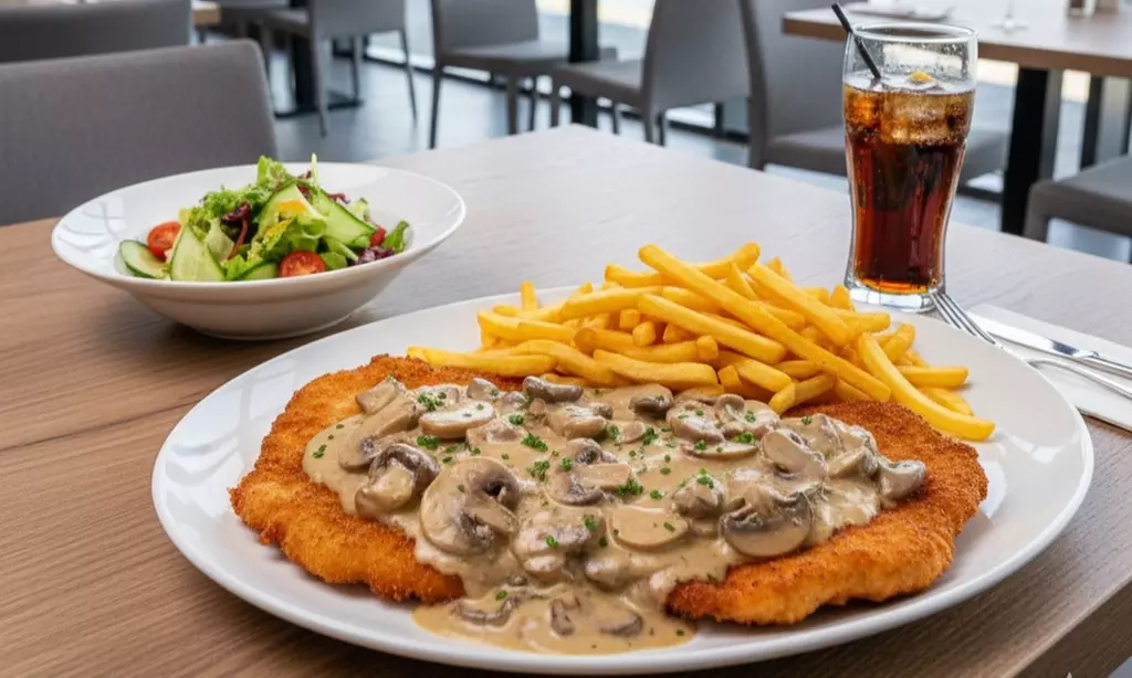 Saftiges Schnitzel nach Jäger-Art mit Beilagen und optionalem Getränk