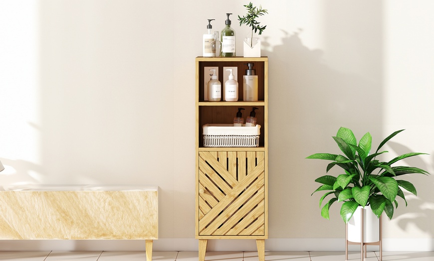 Image 1: Homcom Bamboo Bathroom Under Sink Cabinet with Adjustable Shelf