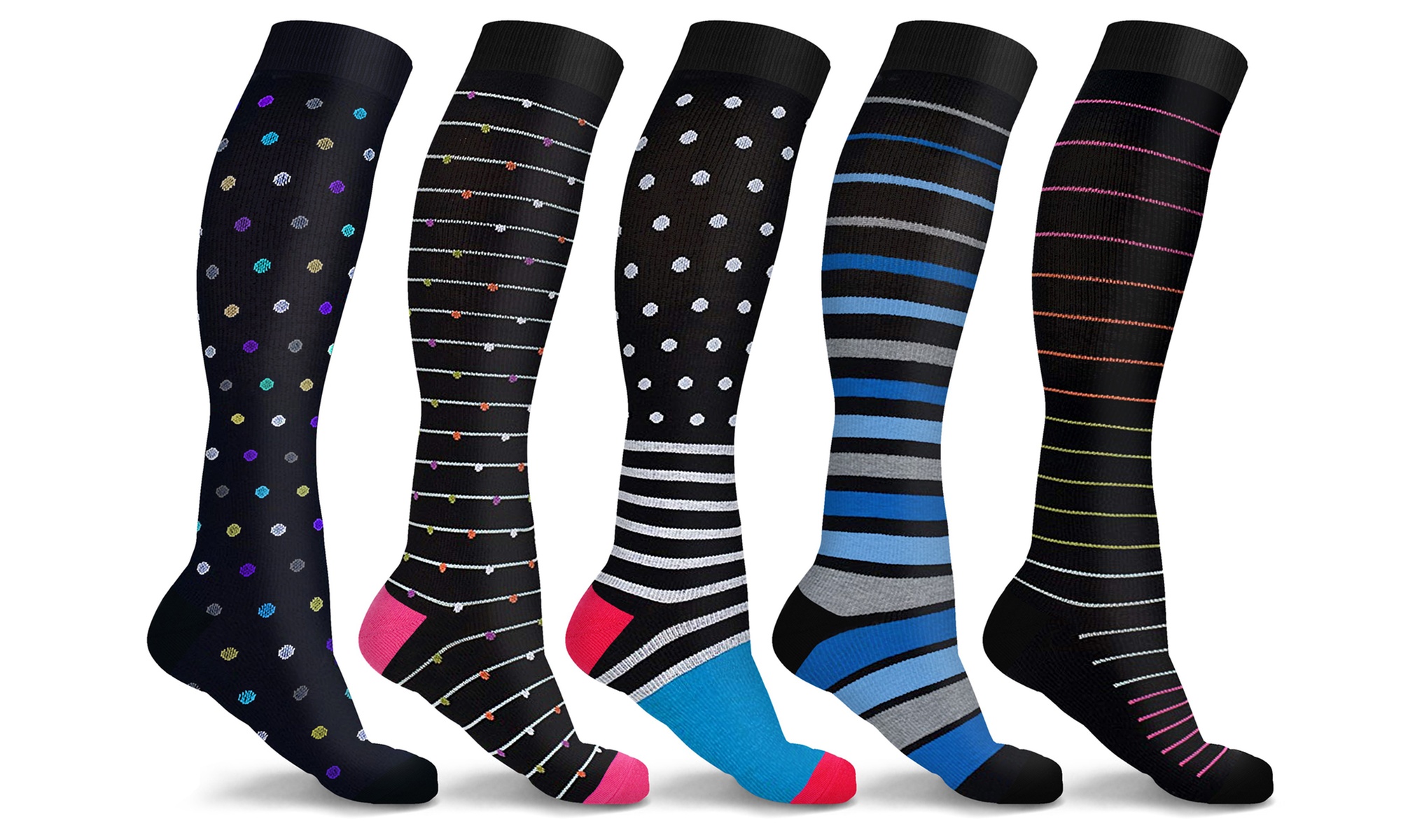 DCF Light Weight Dots & Stripes Knee High Compression Socks (5 Pairs)