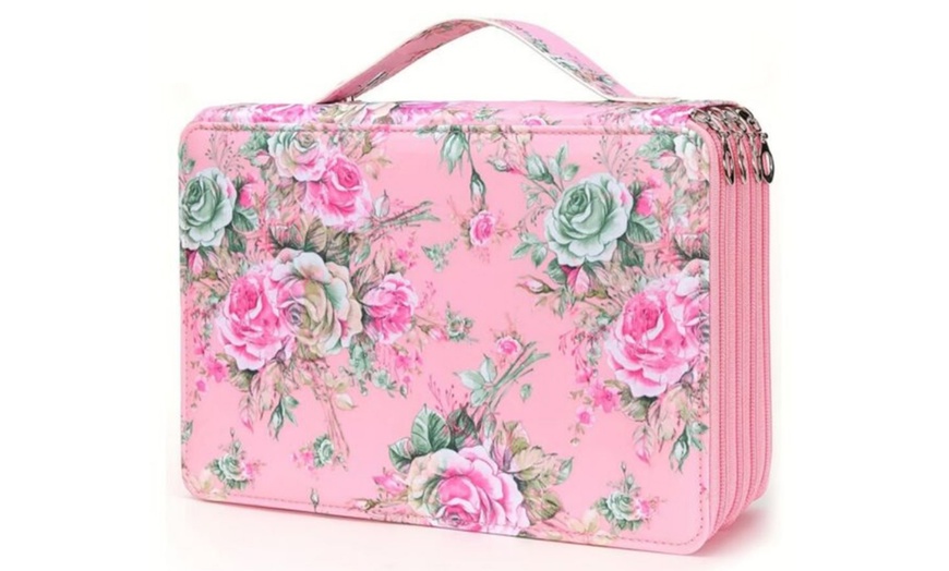 Image 7: Floral Oxford Fabric 3-Layer Art Brush Storage Case
