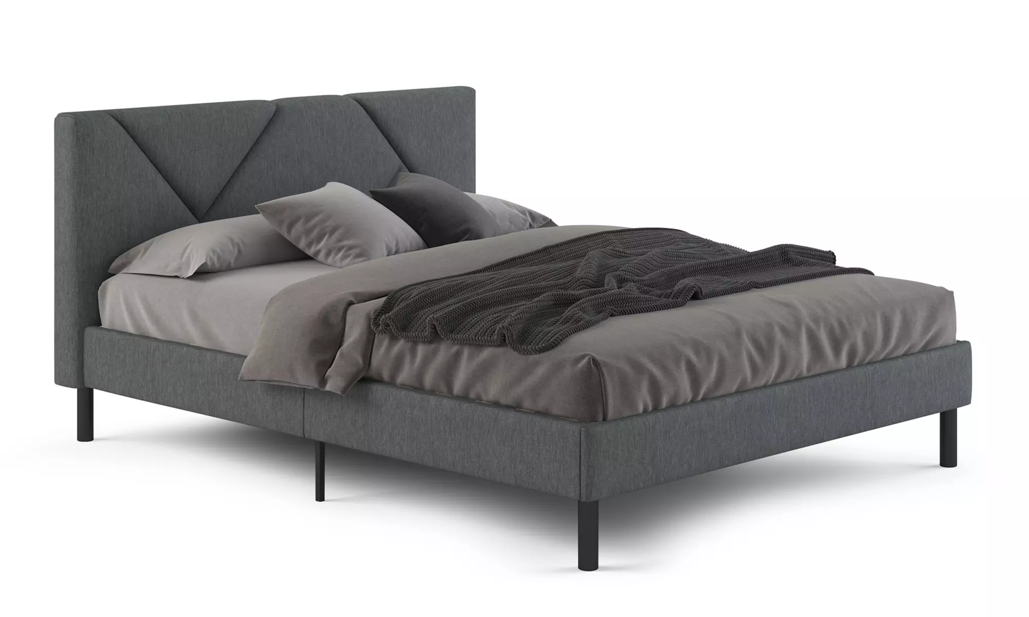 Letto imbottito in tessuto con doghe in legno e vano contenitore