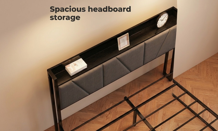 Image 4: Levede Upholstered Bed Frame with Storage Headboard and Steel Support