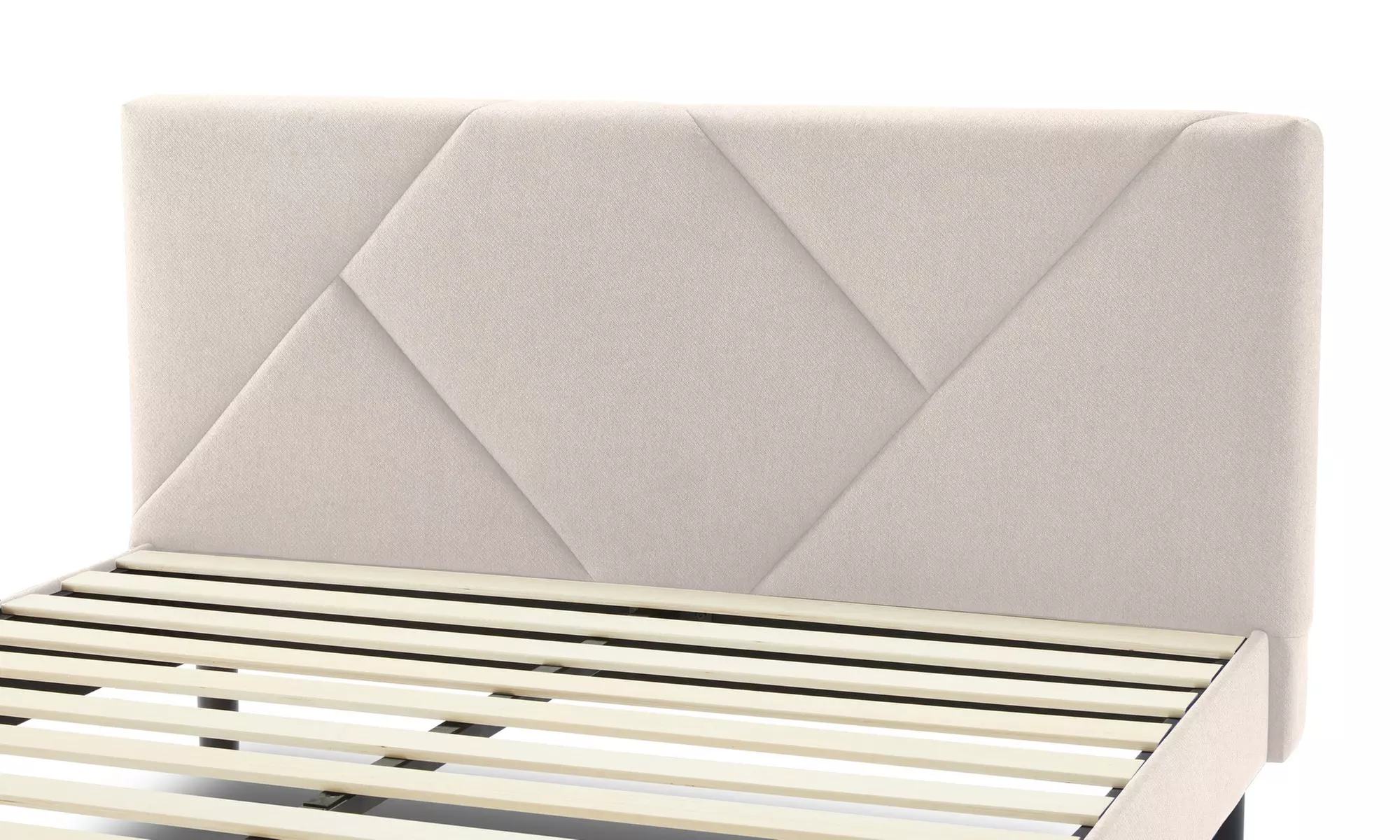 Letto imbottito in tessuto con doghe in legno e vano contenitore