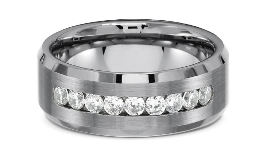 Image 3: Men's Solid Titanium Beveled Edge Center Cz Comfort Fit Wedding Band