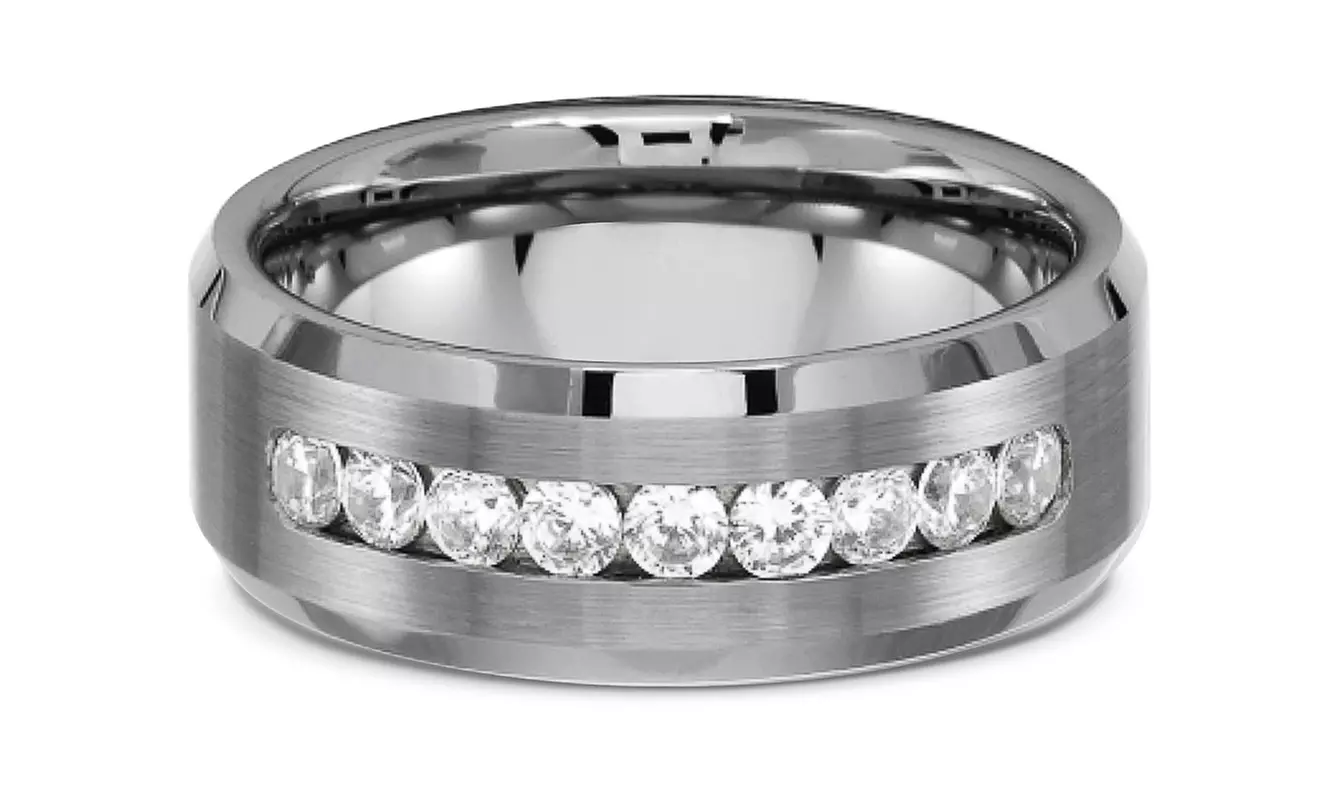 Men's Solid Titanium Beveled Edge Center Cz Comfort Fit Wedding Band