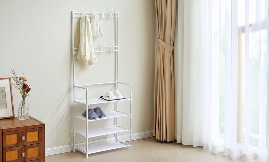 Image 11: Multi-Tier Metal Shoe Rack with Coat Hooks 