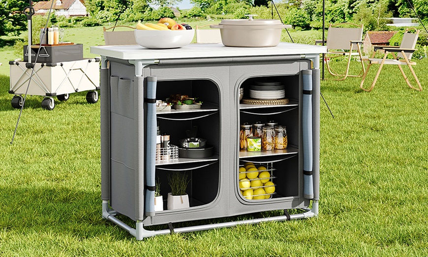 Image 1: Folding Camping Kitchen with Six-Shelf Storage and Carry Bag