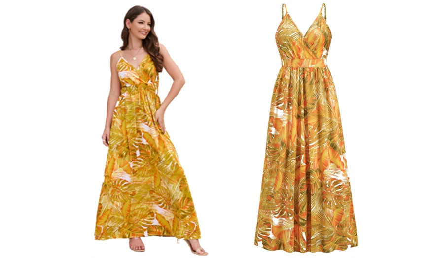 Image 7: Women's Palm Printed V Neck Spaghetti Strap Maxi Dress