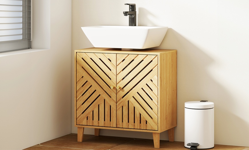 Image 7: Homcom Bamboo Bathroom Under Sink Cabinet with Adjustable Shelf