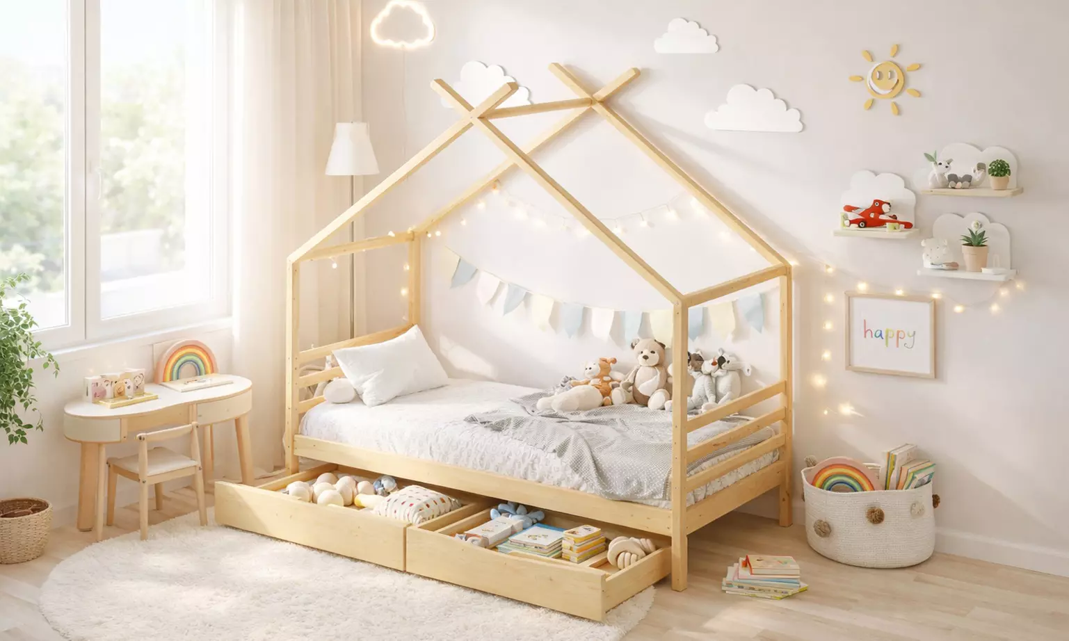 Lit cabane Bambino en bois, avec 2 tiroirs