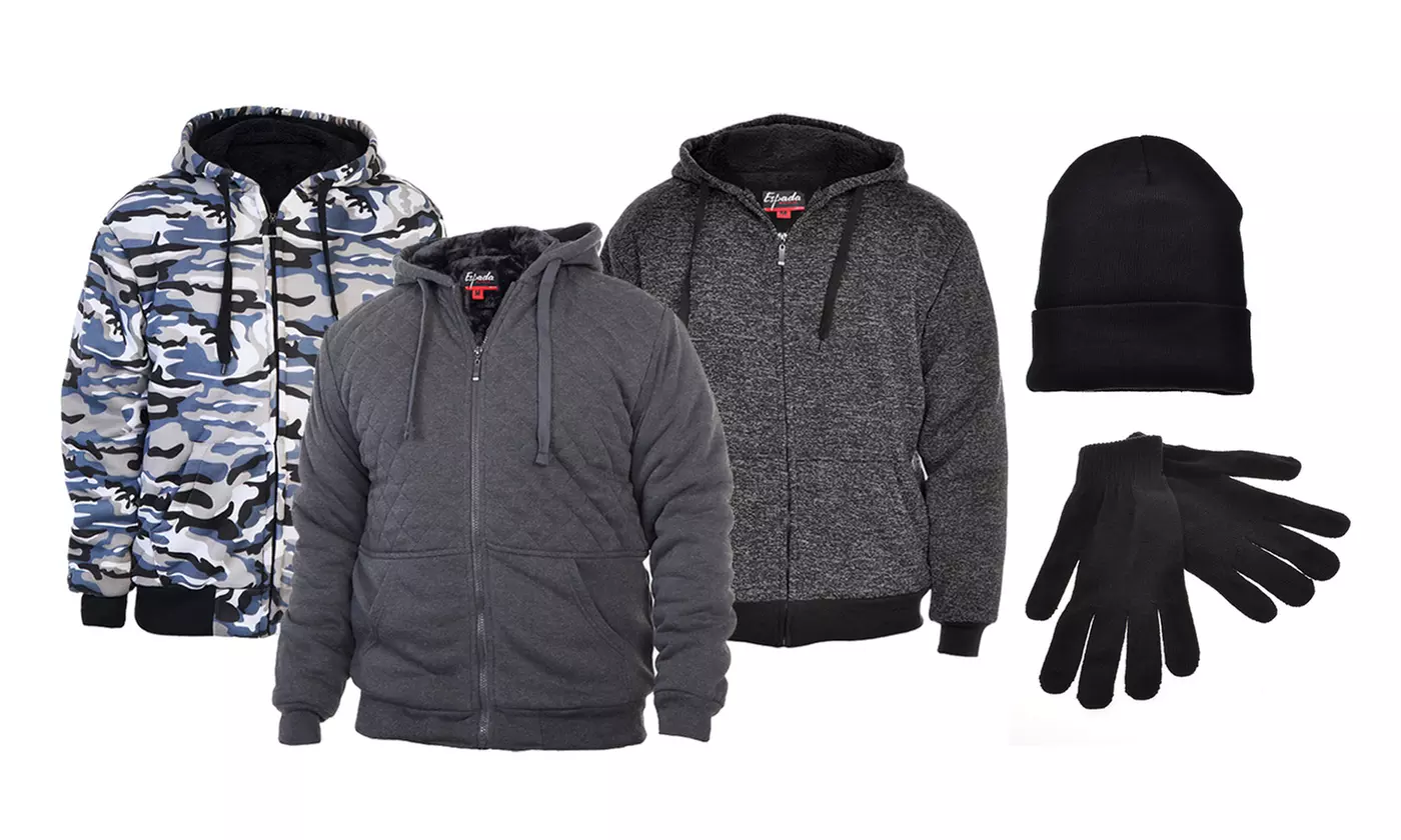 Men's Full-Zip Sherpa-Lined Hoodie Jacket with Hat and Gloves (S-2XL) - Primary Image