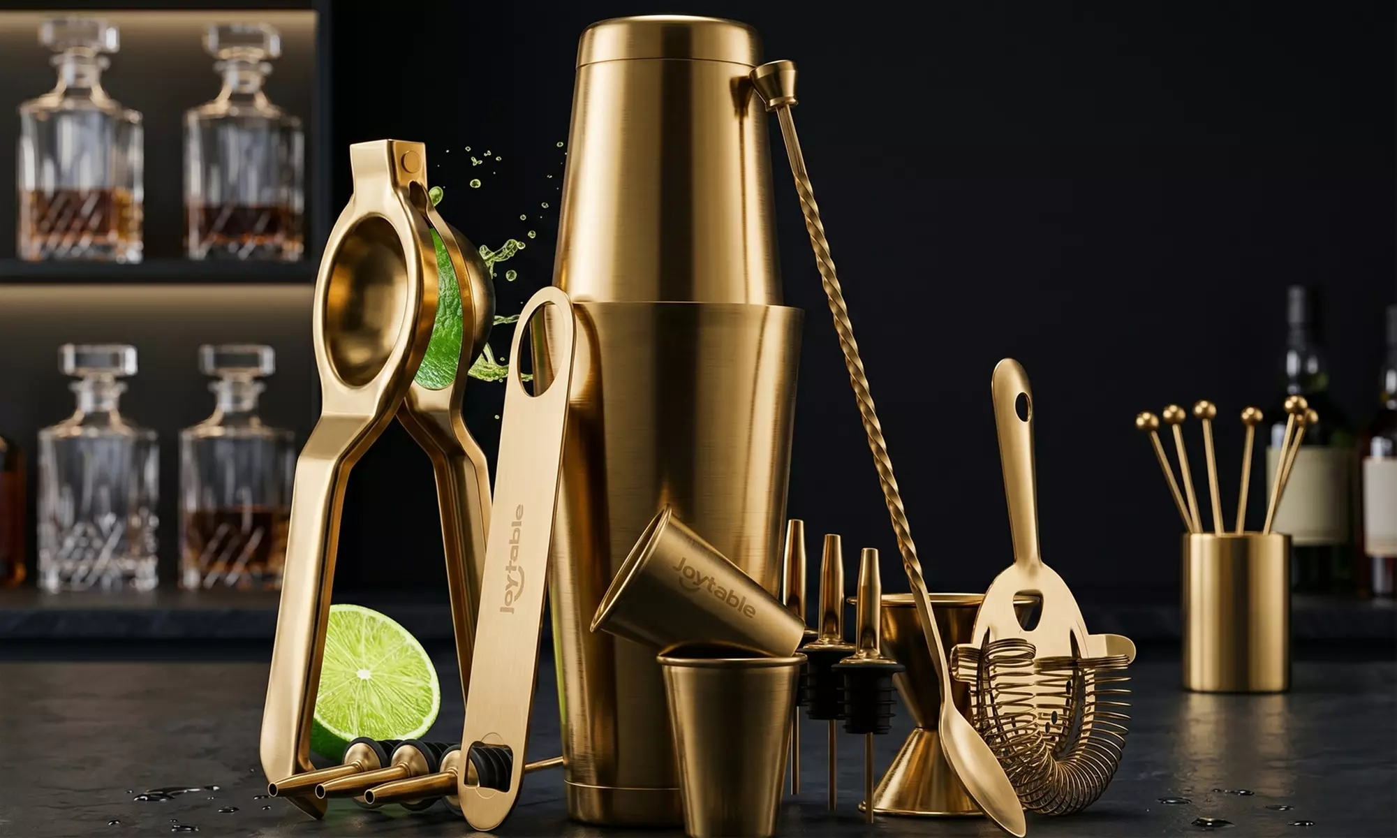 JoyTable Cocktail Shaker Home Bar Set - 16 Piece Bar Set Tools Bartender Kit