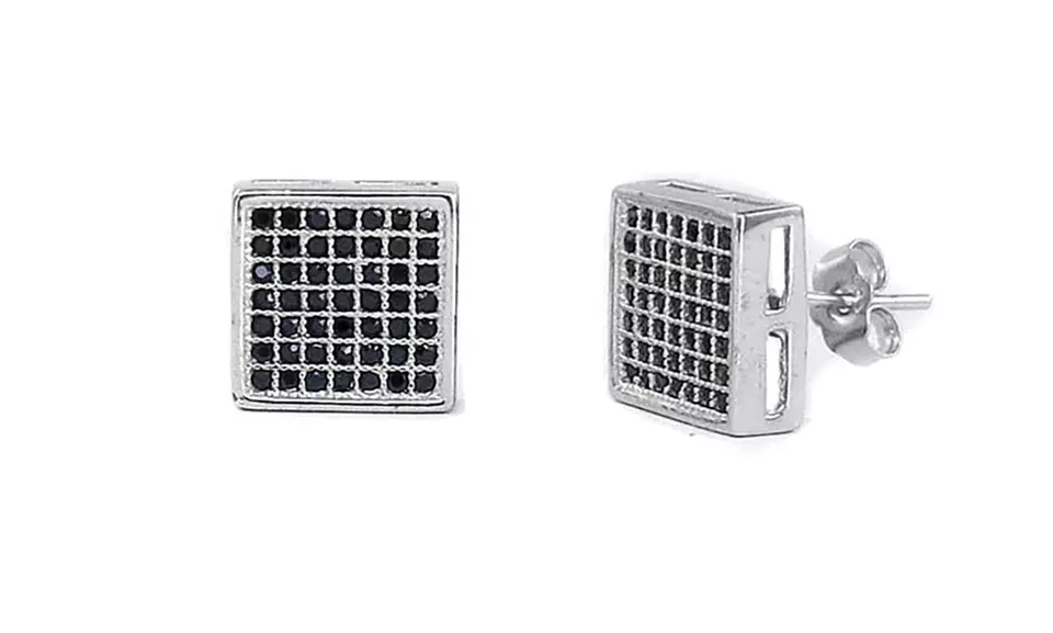 Men's Sterling Silver Square or Button Cut Pave Studs