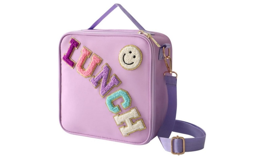 Image 8: Embroidered Alphabet Smiley Face Portable Insulated Lunch Bag