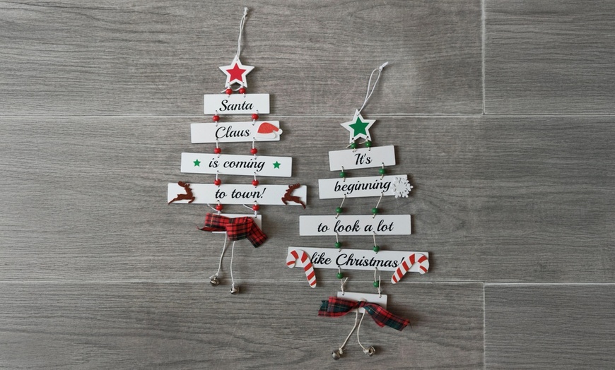 Image 3: Two Pieces Wooden Christmas Decorations Large Hanging Indoor Decor