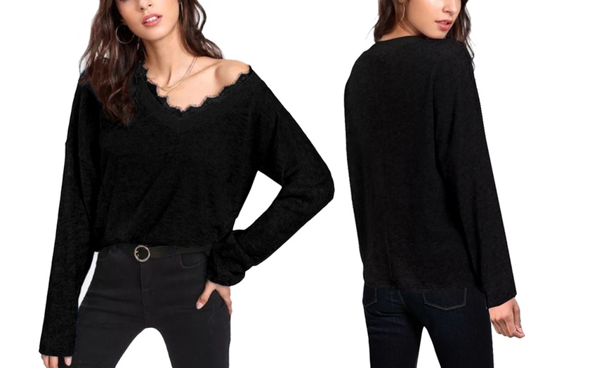 Image 4: Lace Trim V-Neck Sweater