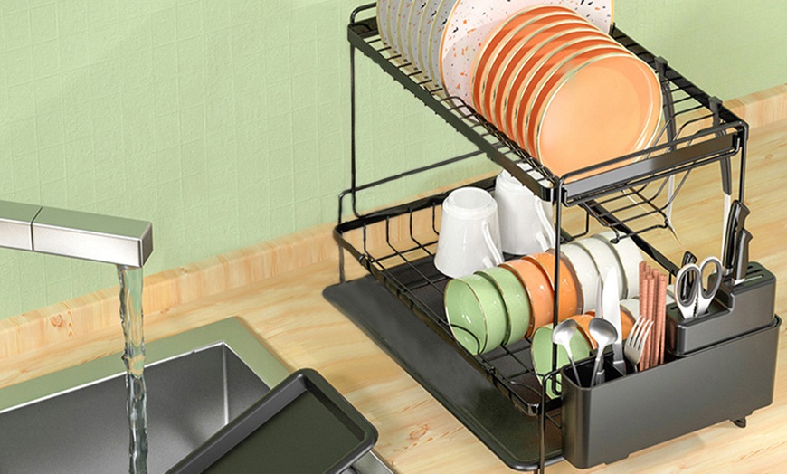 Image 1: Black 2-Tier Dish Drying Rack with Drain Trays and Utensil Holder