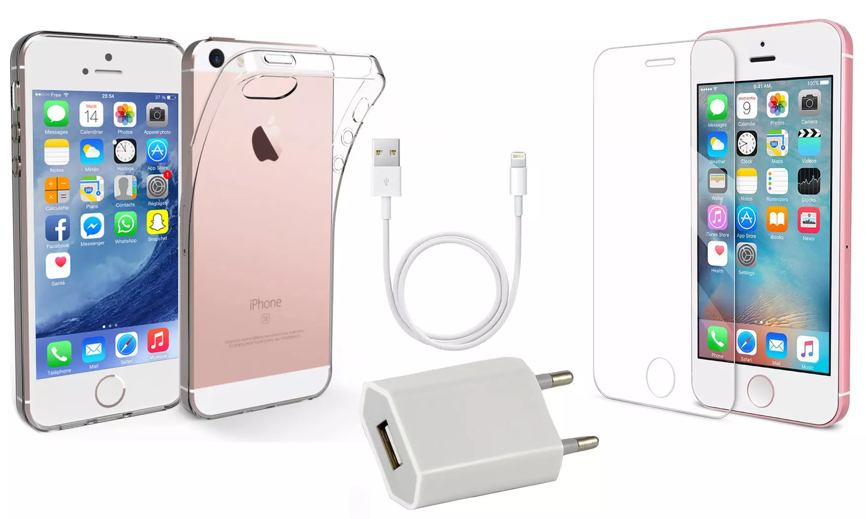 Pack complet : Chargeur / Câble USB / Coque transparente / Verre Trempé pour iPhone 5 / 6 / 7 / 8 et X - Primary Image