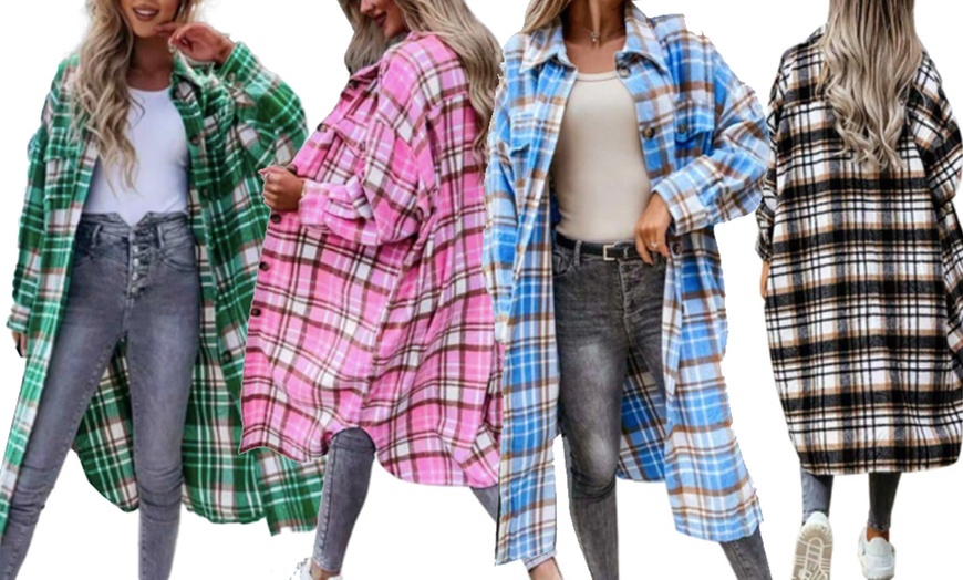 Image 1: Womens Long Plaid Shirt