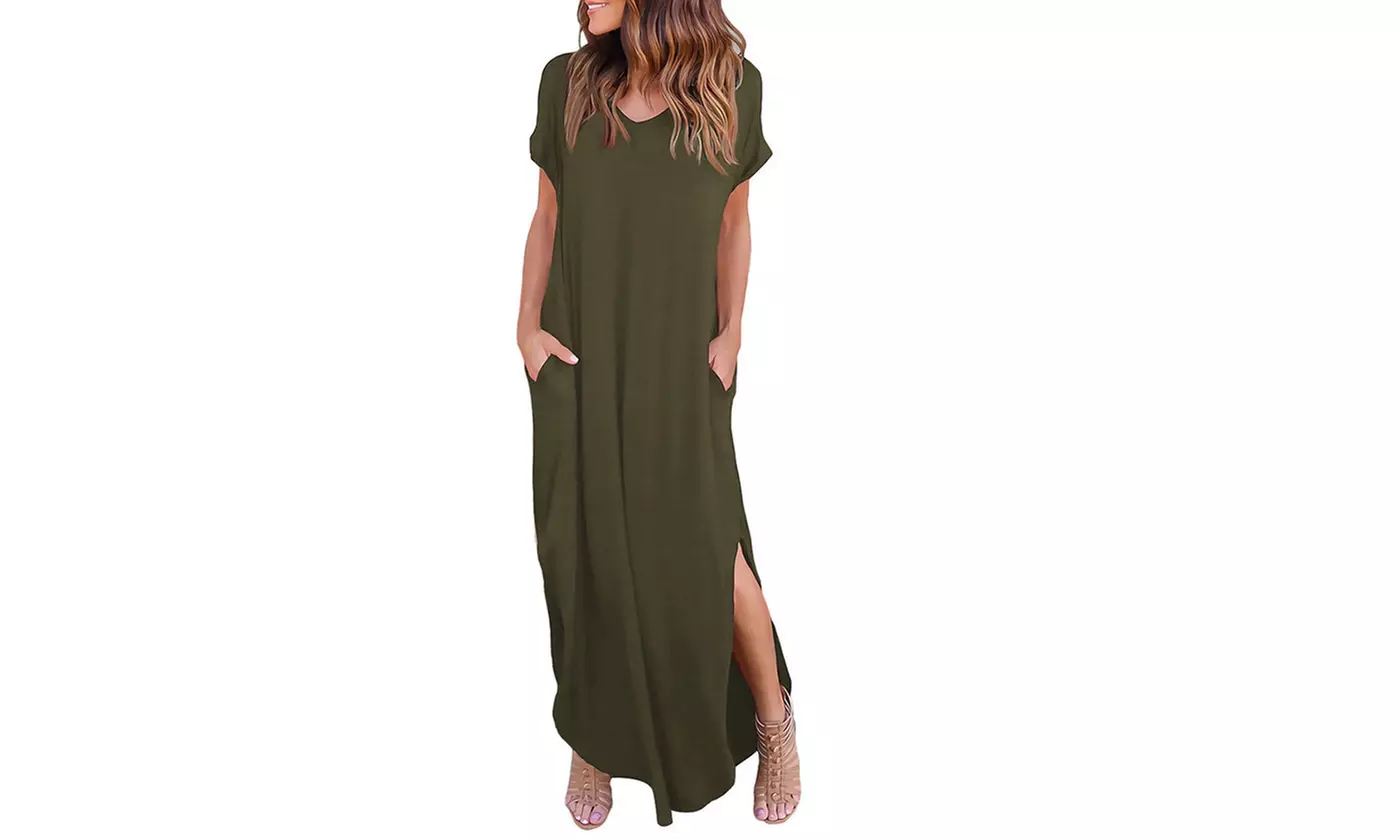 Women Summer Beach Casual Sexy Split Maxi Shirt Dress Short Sleeve Long Dresses