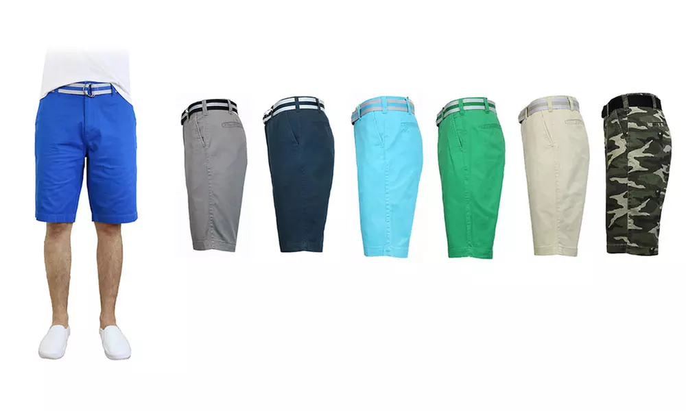 Men's Slim Fit Flat Front Belted Shorts - Primary Image