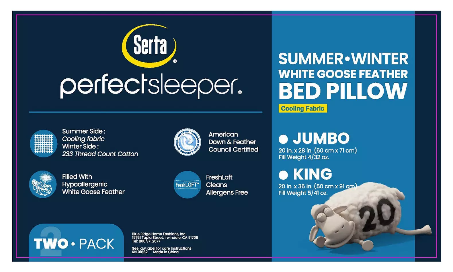Serta Reversible Cooling White Goose Feather Bed Pillows (2-Pack) - Second Medium