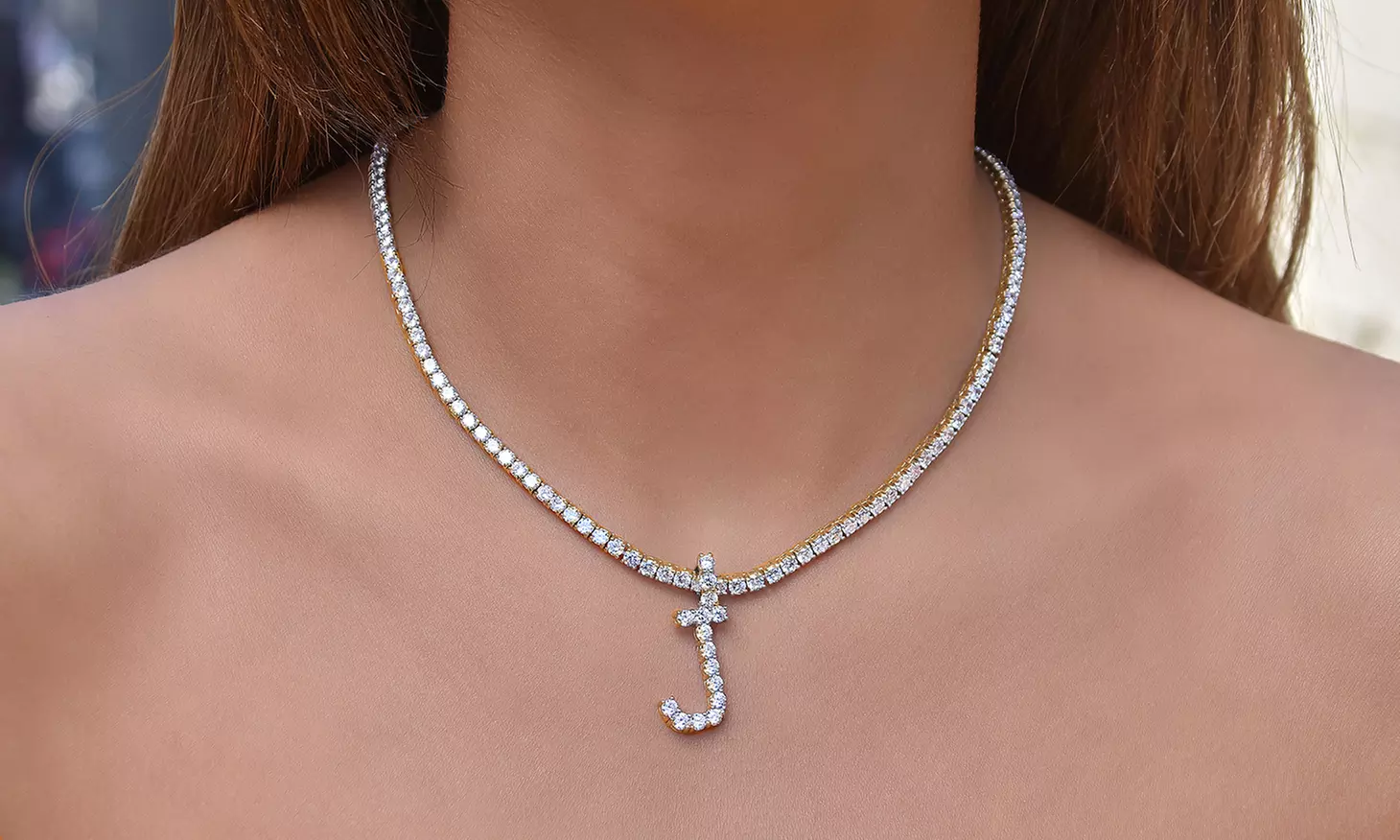 62 CTTW Cubic Zirconia Prong Initial Tennis Necklace in 14K Gold Plating by Elements of Love - Primary Image