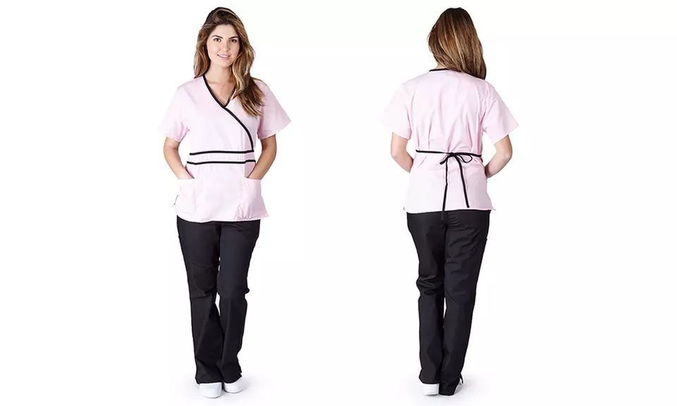 Women's Mock-Wrap Two-Tone Medical Scrubs Set (2-Piece) - Second Medium