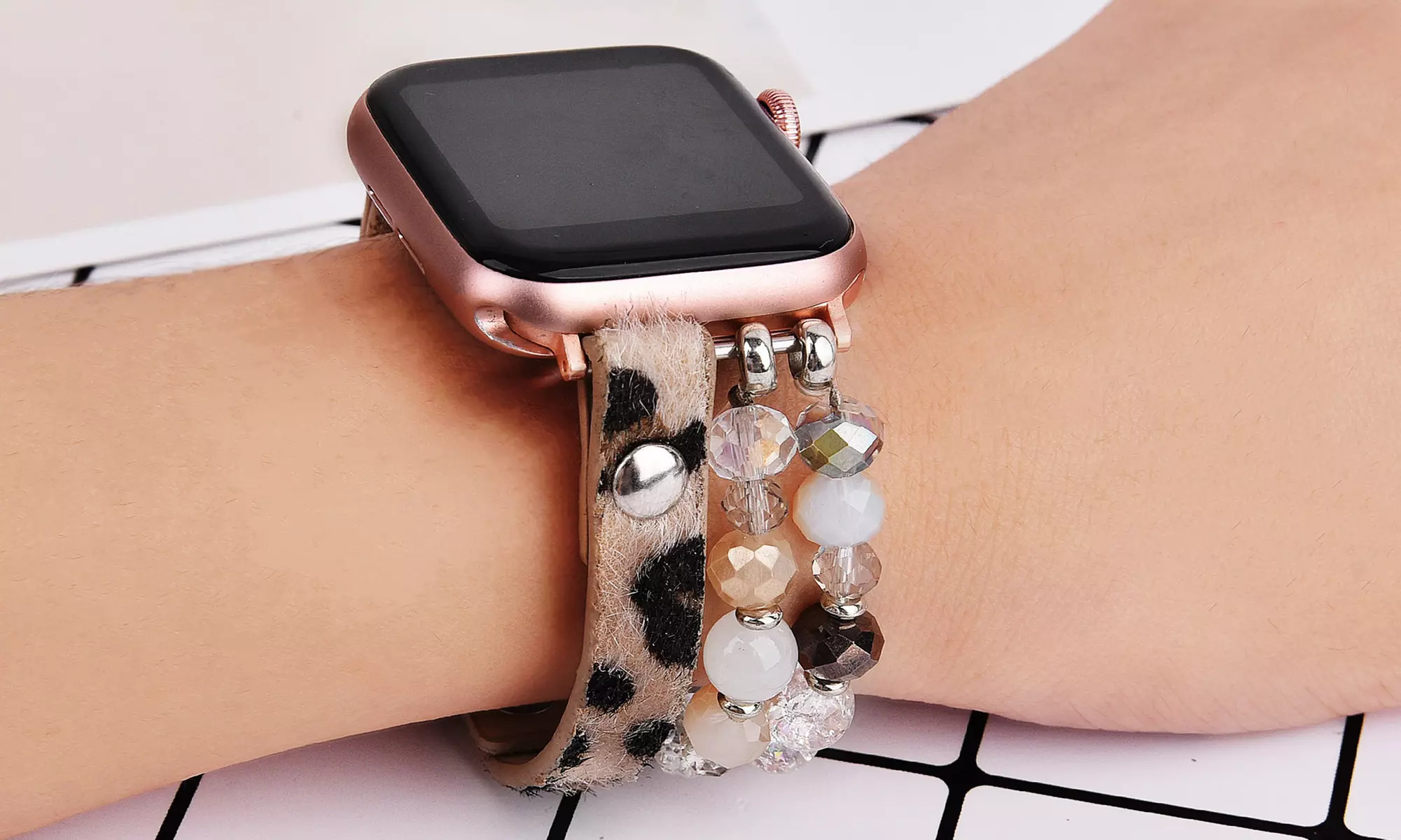 Leopard Calf Leather and Crystal Apple Watch Band All Series