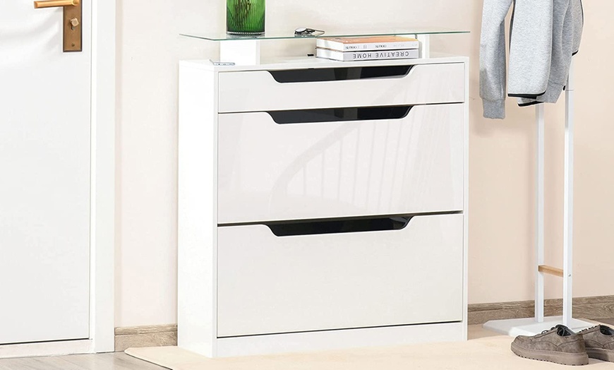 Image 1: HomCom High Gloss Shoe Cabinet with 3 Drawers