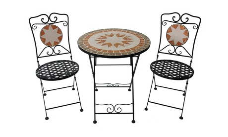 Set di 2 sedie e tavolino tondo in acciaio con decoro mosaico