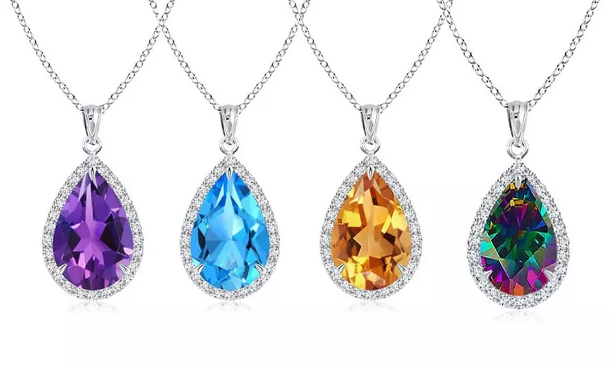 Sterling Silver Genuine Gemstone 4.00CT Pear Cut Necklace 4 Options