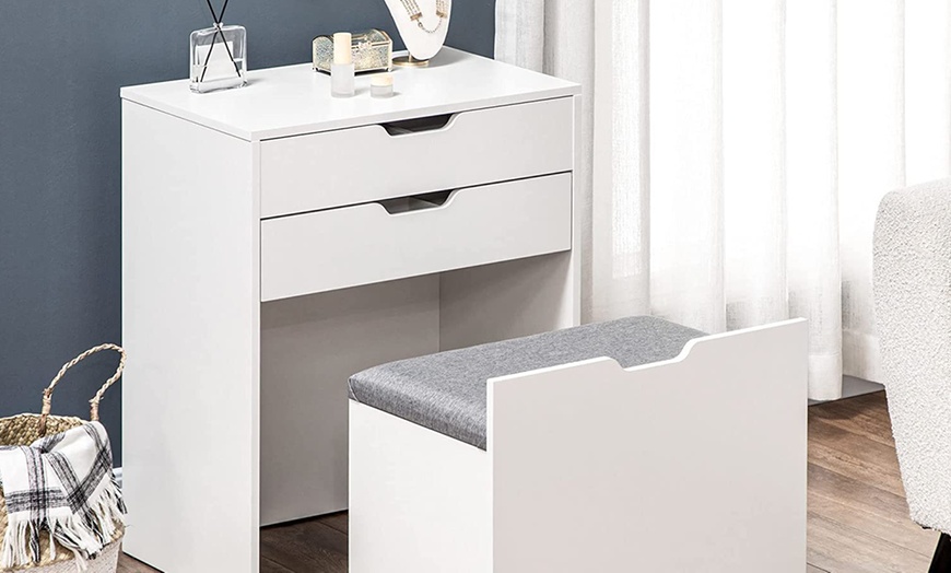 Image 2: HomCom Dressing Table with Flip-Up Mirror and Storage Stool