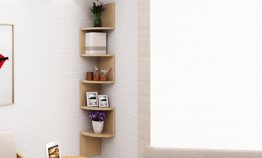 Image 1: Five Tier Wooden Floating Corner Shelf