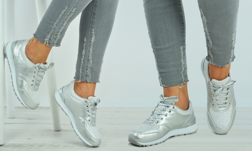 Image 3: Women's Lace-Up Sparkly Trainers